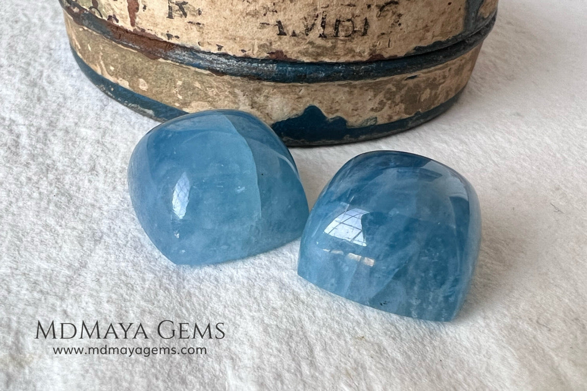 Pretty pair greenish blue Aquamarines. Square Cabochon Cut. Perfect set for to mount. 36.60 ct. We have an aquamarine that with these pieces would form a perfect set.
