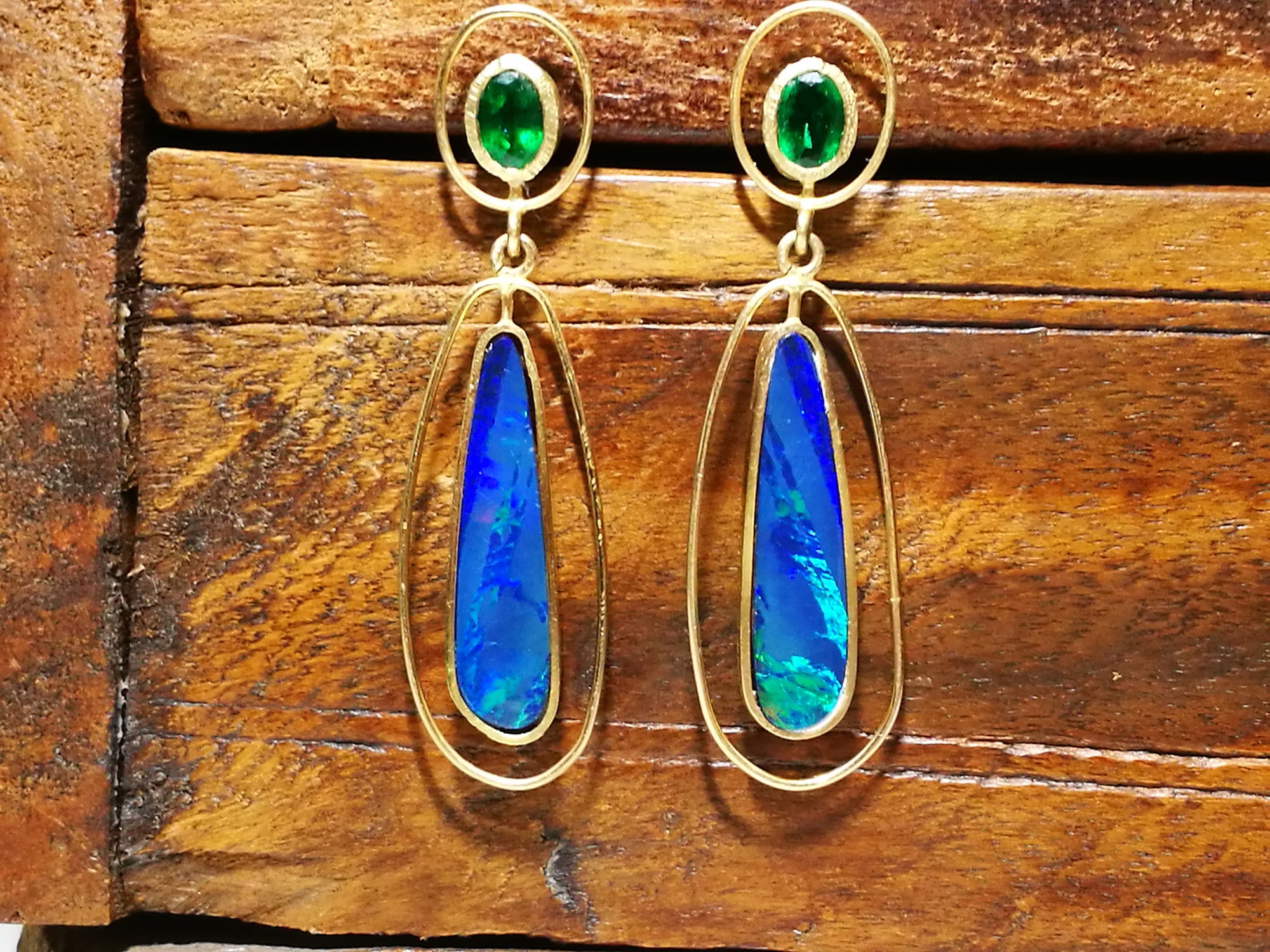 Emerald and Opal Pear Dangle Earrings in 18k Yellow Gold