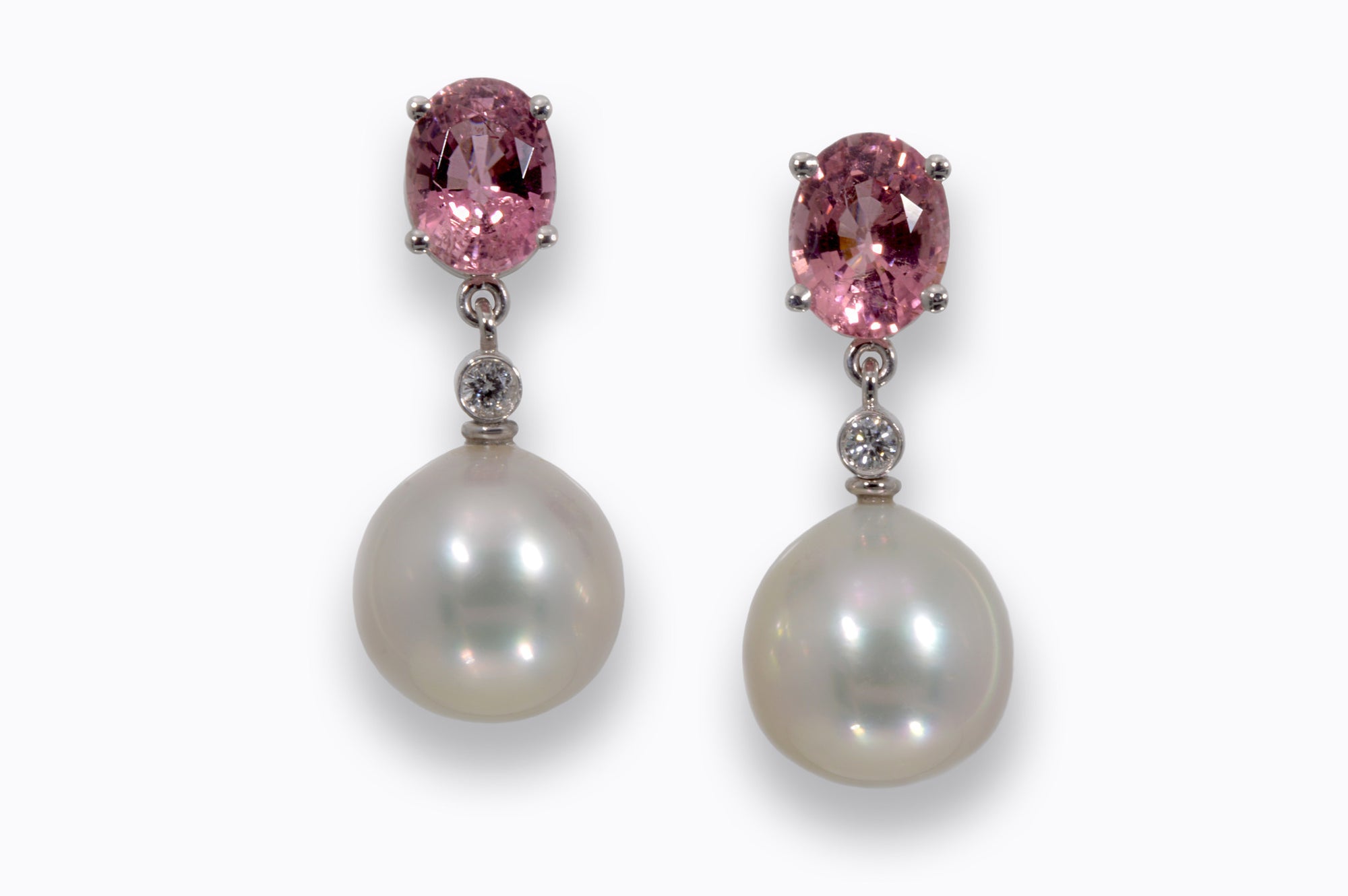 Silver Pink South Sea Pearl Earrings with diamonds