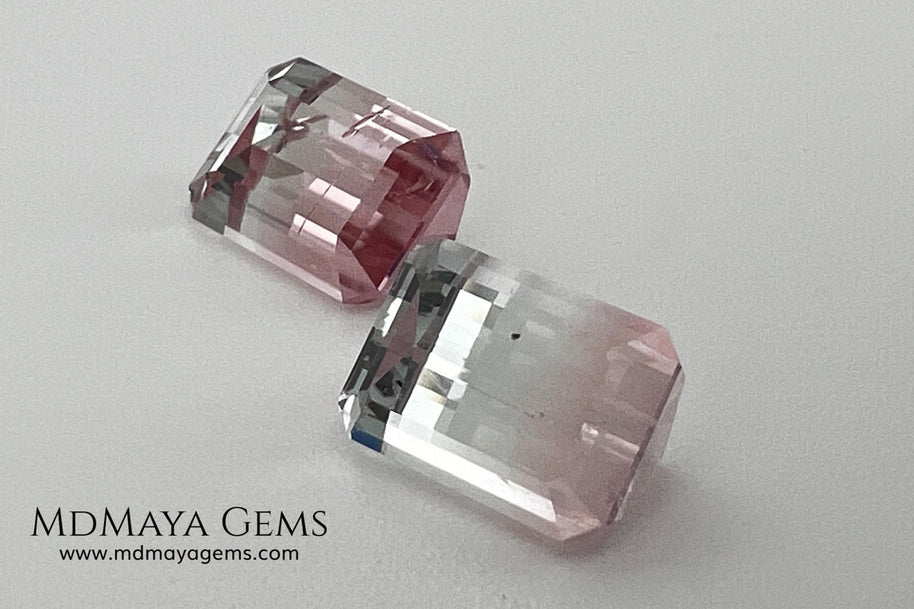 6.75 ct Soft Pink & Colorless Bicolor Tourmaline Matched Pair – Emerald Cut
