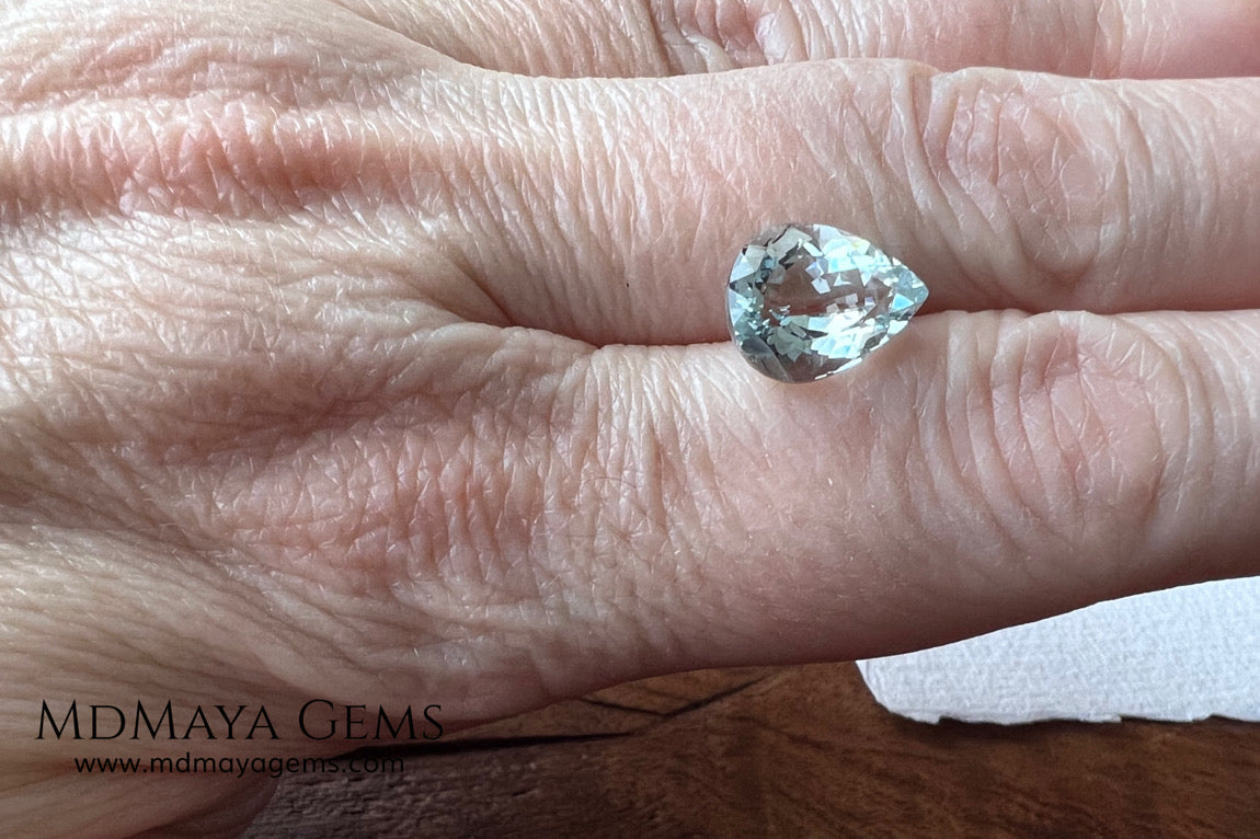 Attractive greenish blue aquamarine, fantastic color. Nice looking gem. Pear cut. 3.26 ct. 