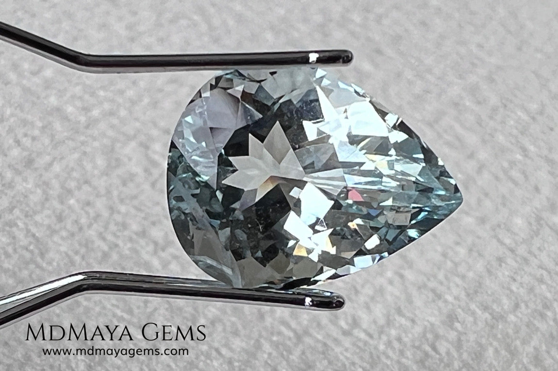 Attractive greenish blue aquamarine, fantastic color. Nice looking gem. Pear cut. 3.26 ct. 