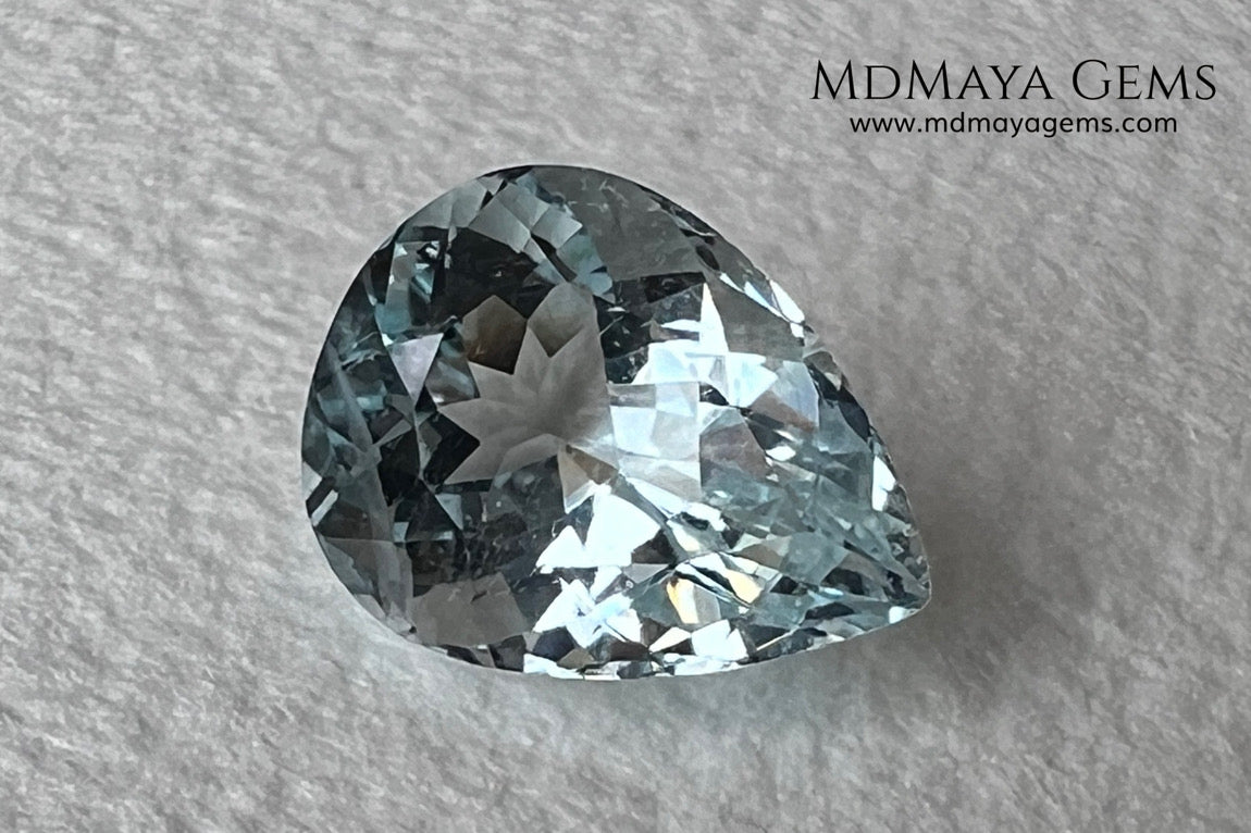 Attractive greenish blue aquamarine, fantastic color. Nice looking gem. Pear cut. 3.26 ct. 