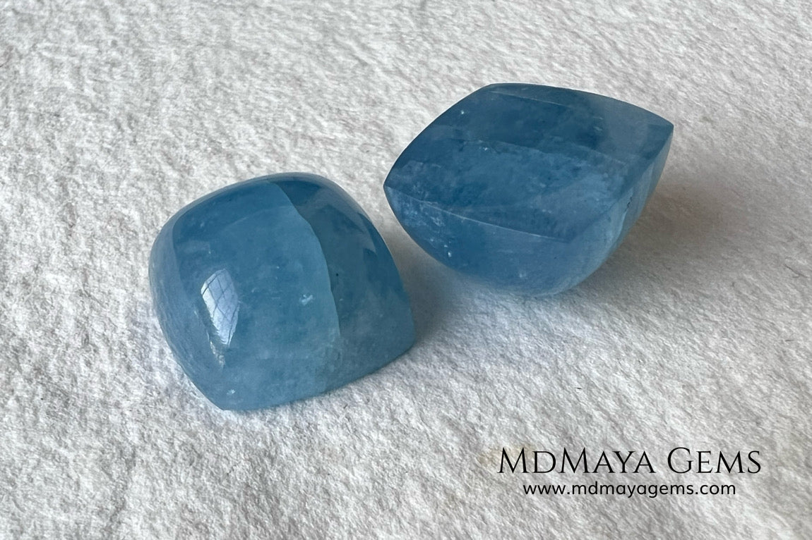 Pretty pair greenish blue Aquamarines. Square Cabochon Cut. Perfect set for to mount. 36.60 ct. We have an aquamarine that with these pieces would form a perfect set.