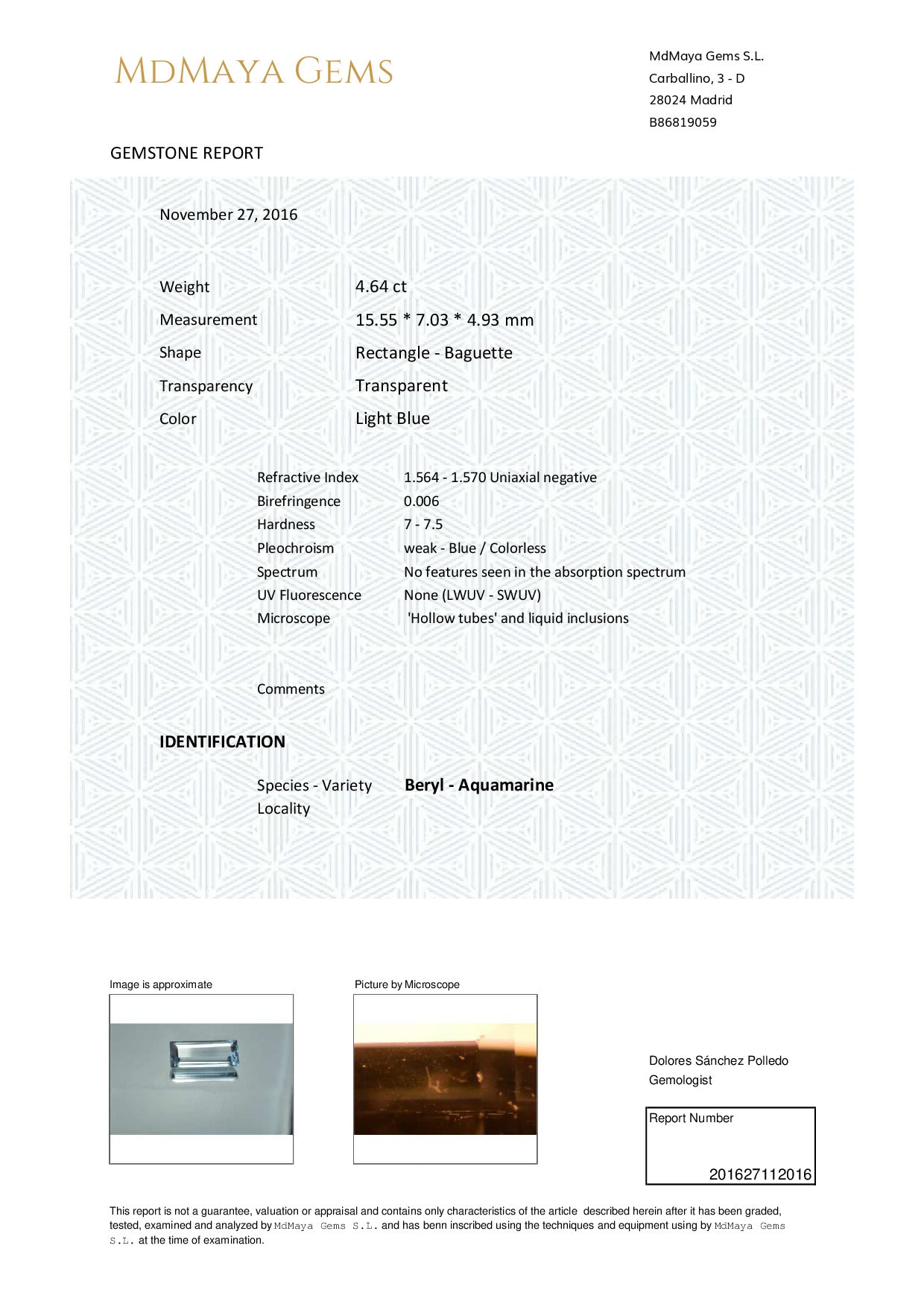 Gemstone certificate image