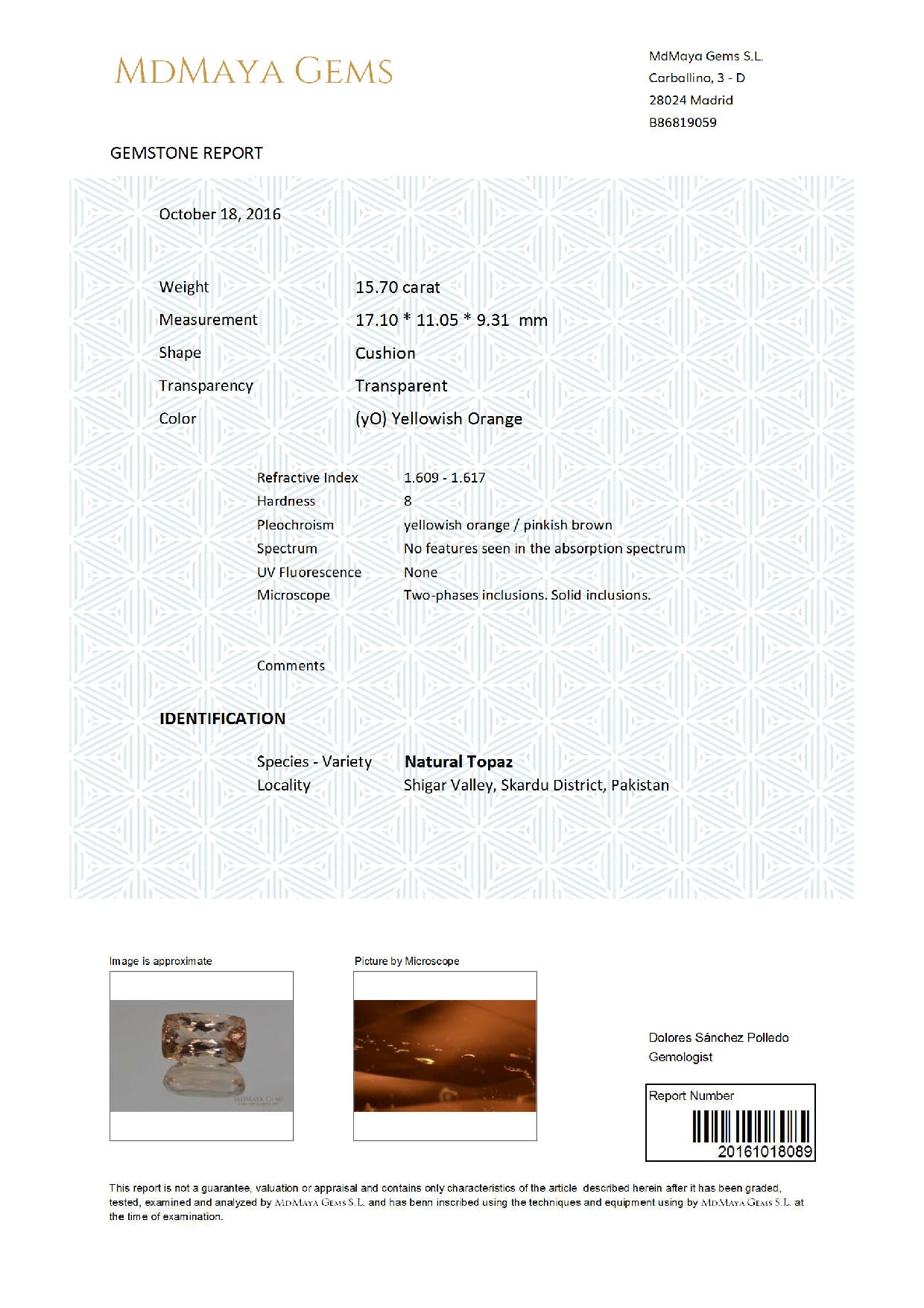 Gemstone certificate image