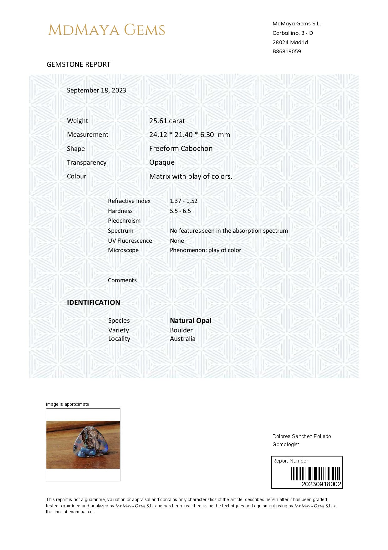 Gemstone certificate image