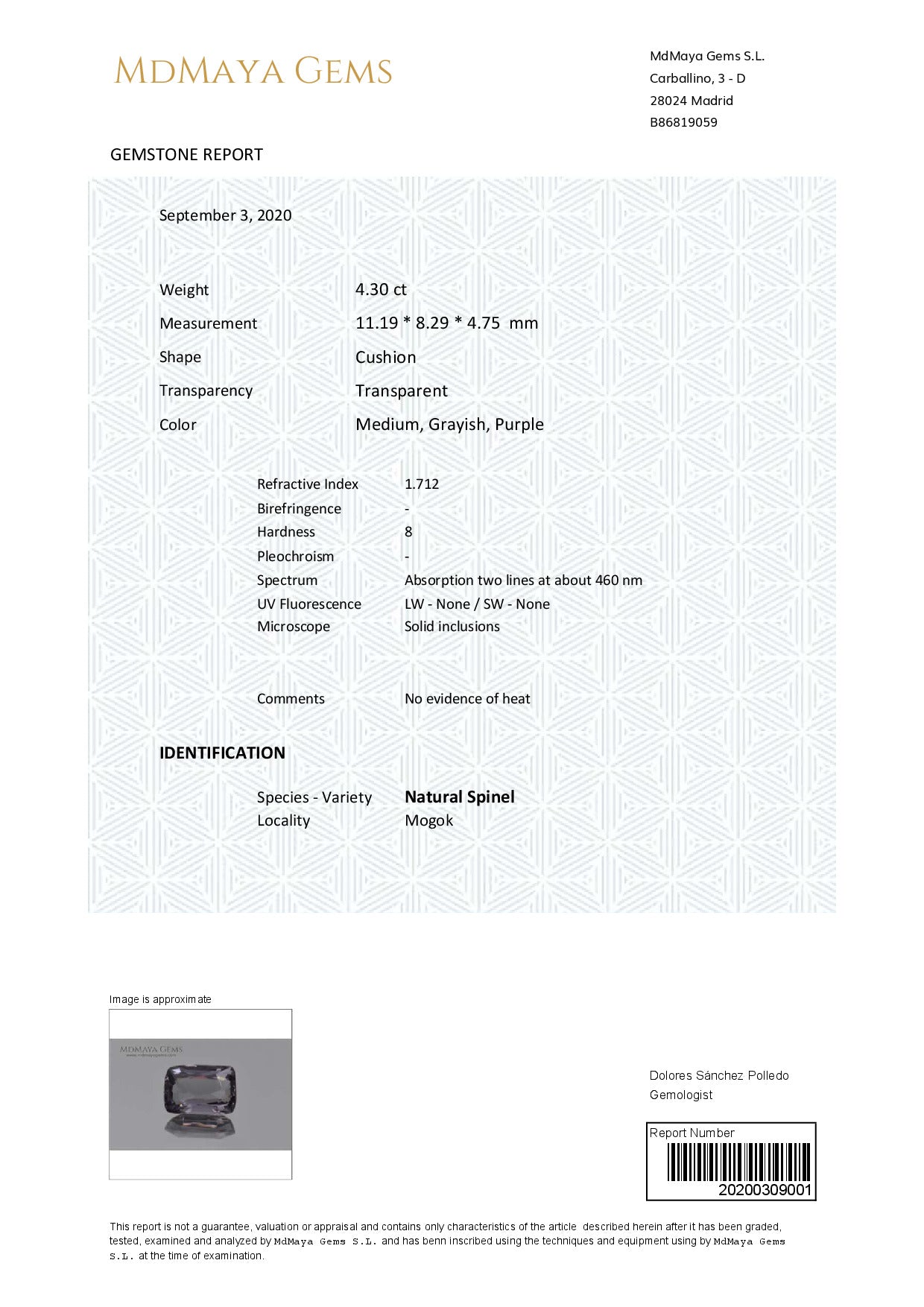 Gemstone certificate image