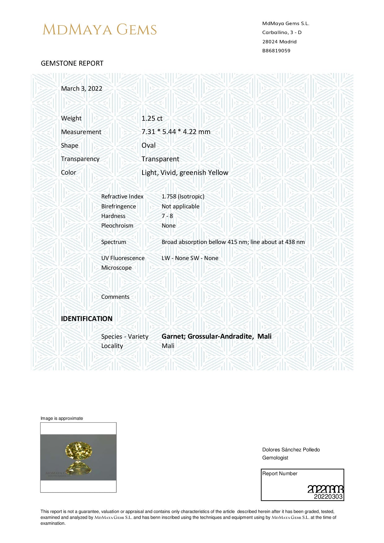 Gemstone certificate image