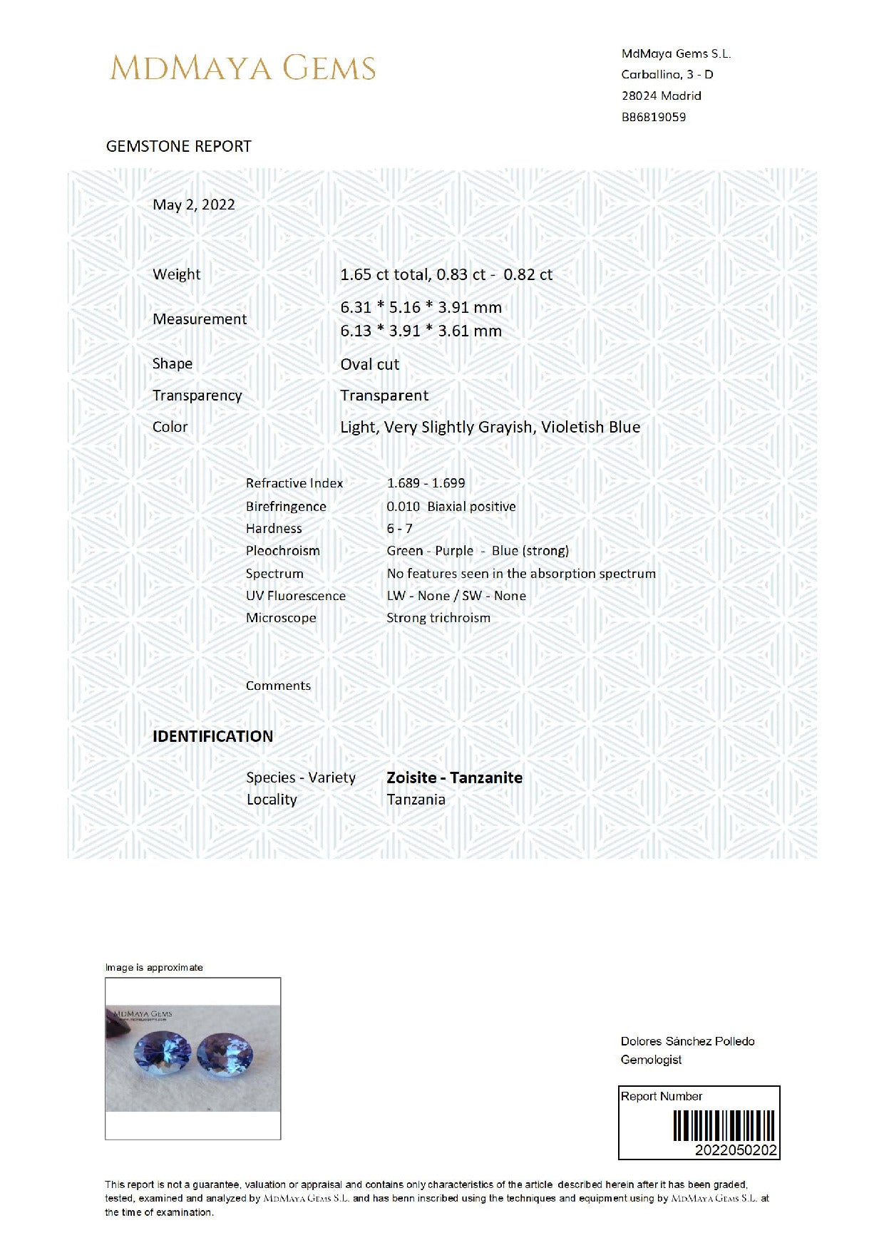 Gemstone certificate image