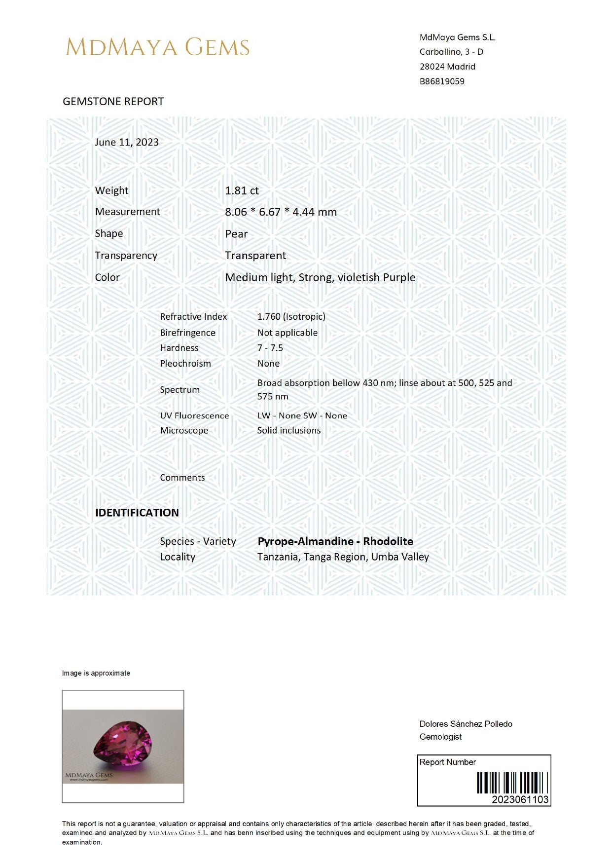 Gemstone certificate image