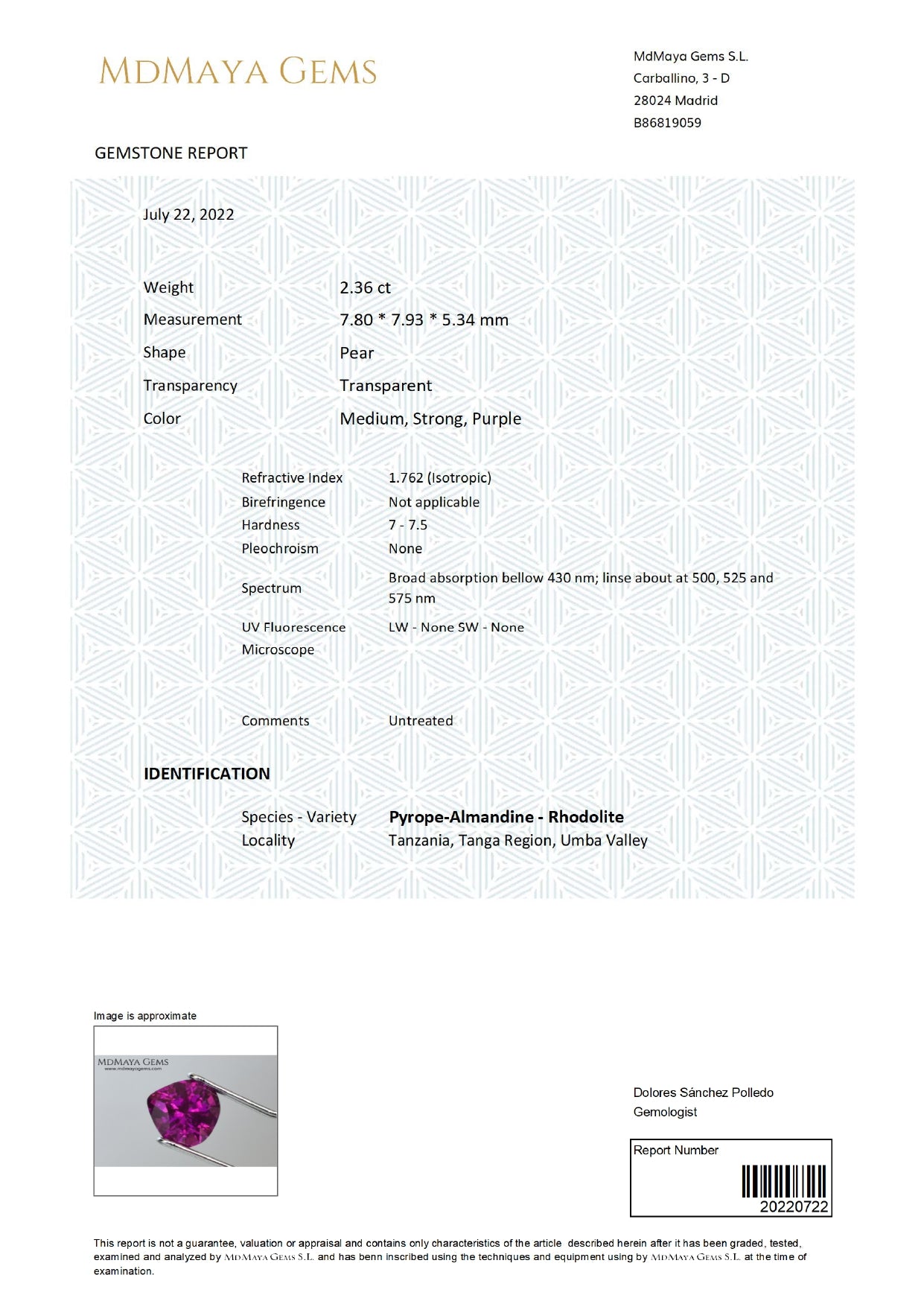 Gemstone certificate image