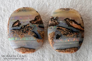Boulder Wood Fossil Opal Pair from Australia Cabochon Cut 16.14 ct total.  This beautiful untreated pair has many qualities, for starters they are double sided, they show a beautiful pattern with their neon blue, green, red, purple, yellow and orange peeking out from all sides and are a very good size, not too big or very small, so they will be very comfortable and not too heavy earrings.
