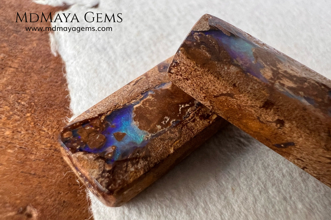 Australian Boulder Wood Fossil Opal Pair. Cabochon Cut 31.07 ct total.