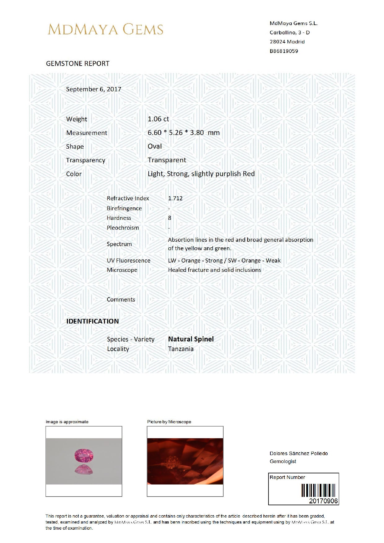 Gemstone certificate image