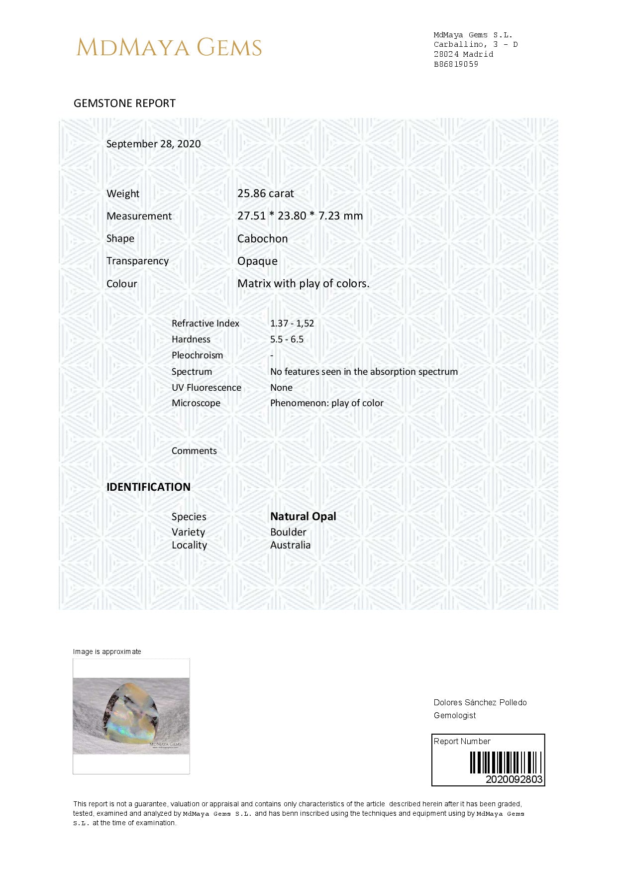 Gemstone certificate image