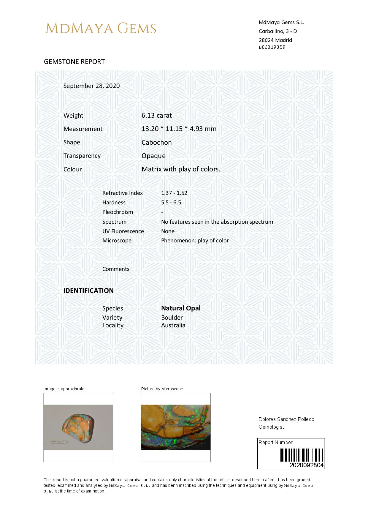 Gemstone certificate image