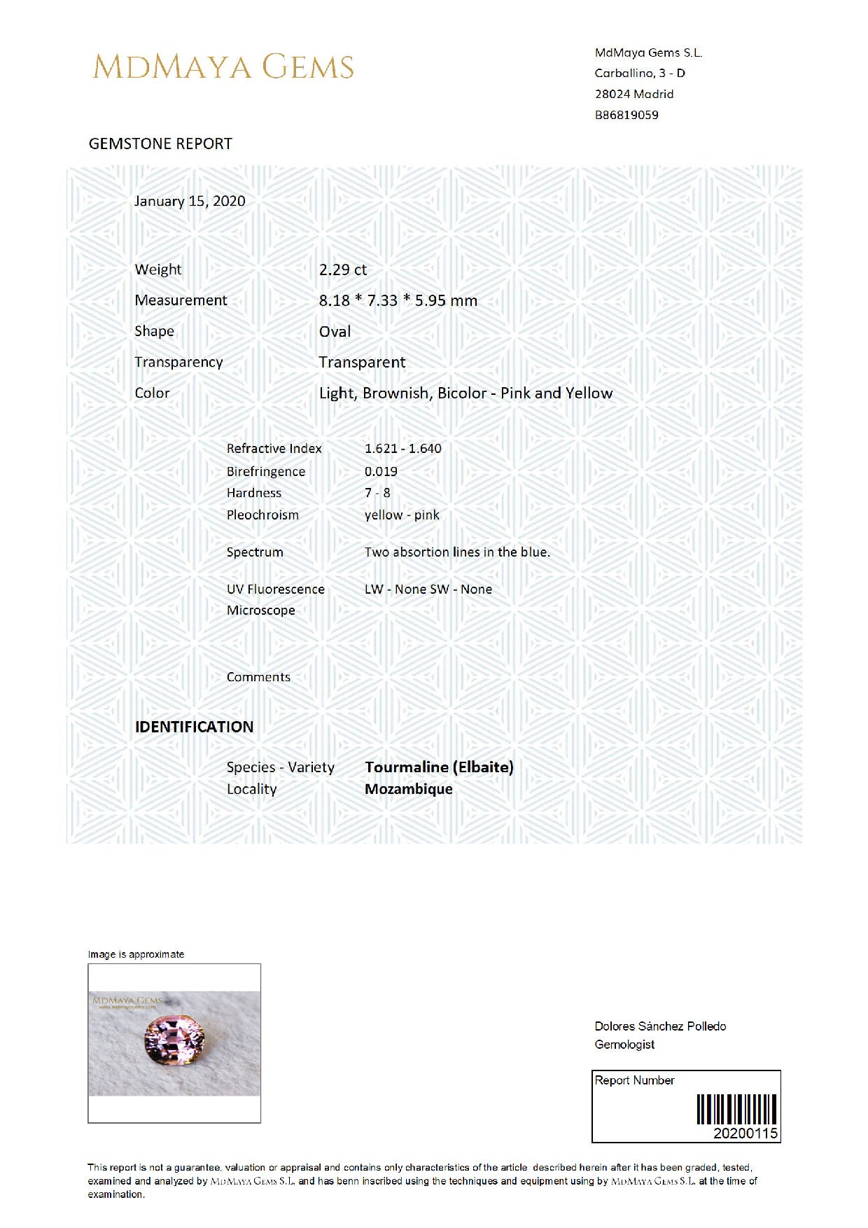 Gemstone certificate image