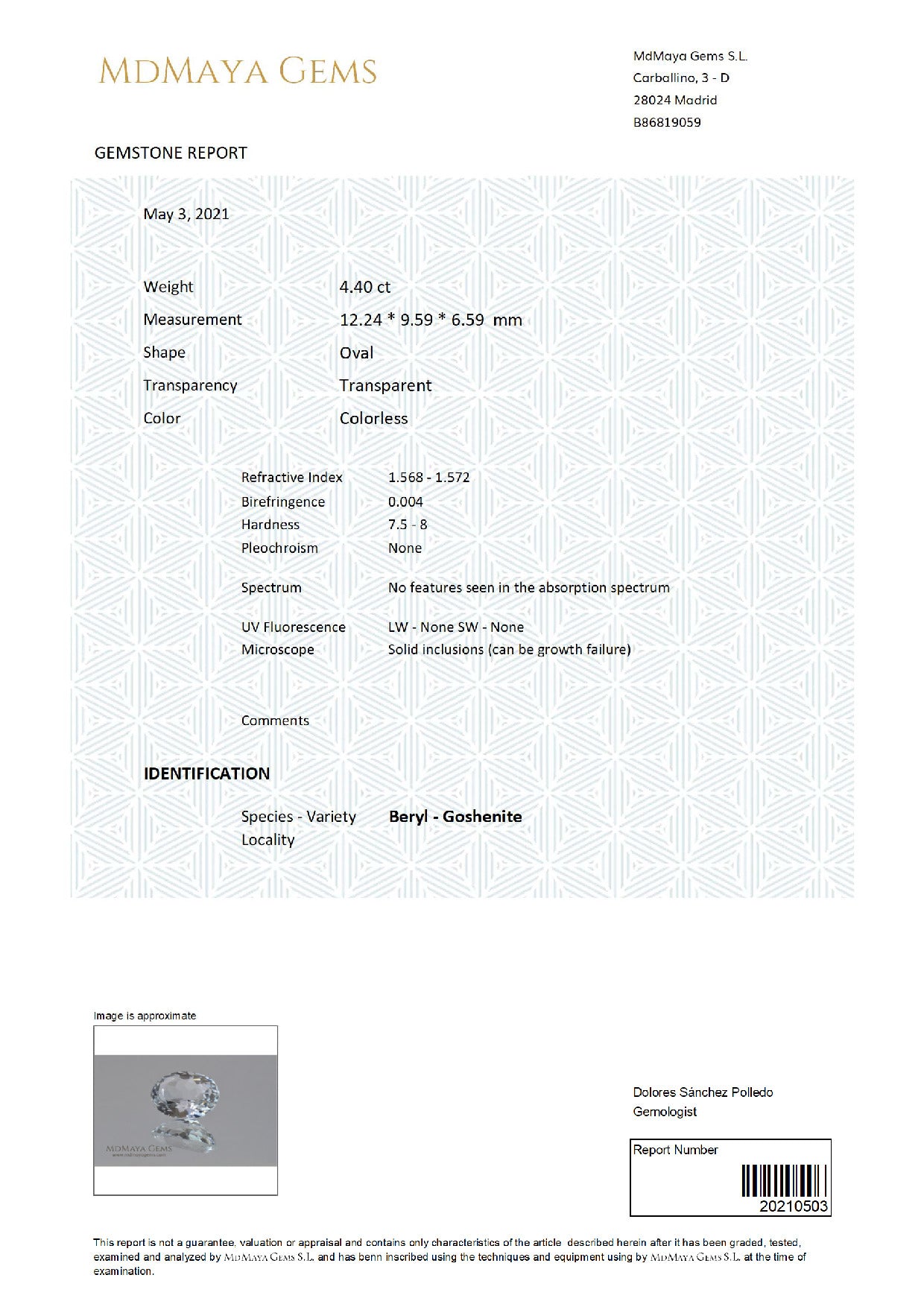 Gemstone certificate image