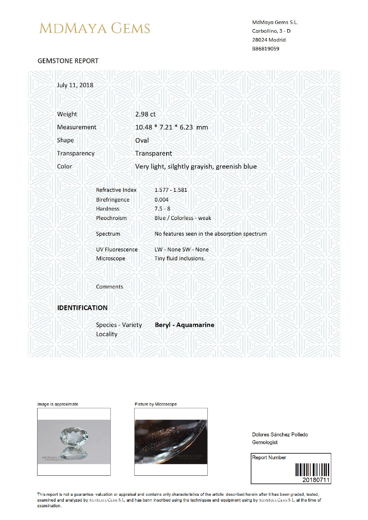 Gemstone certificate image