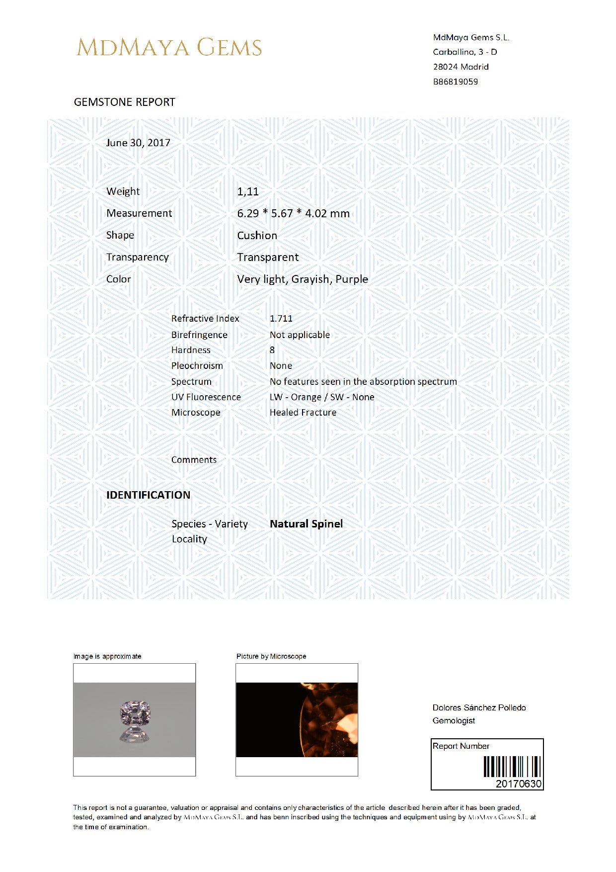 Gemstone certificate image