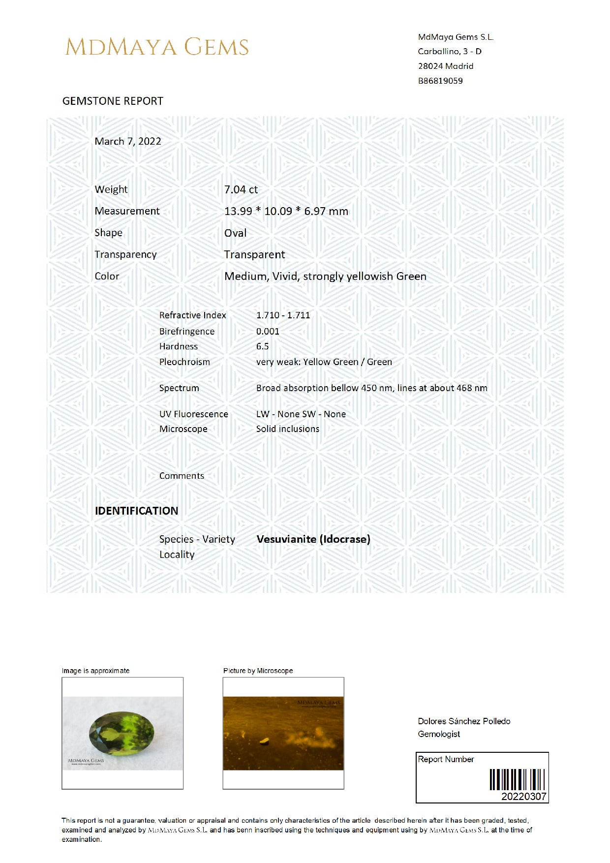 Gemstone certificate image