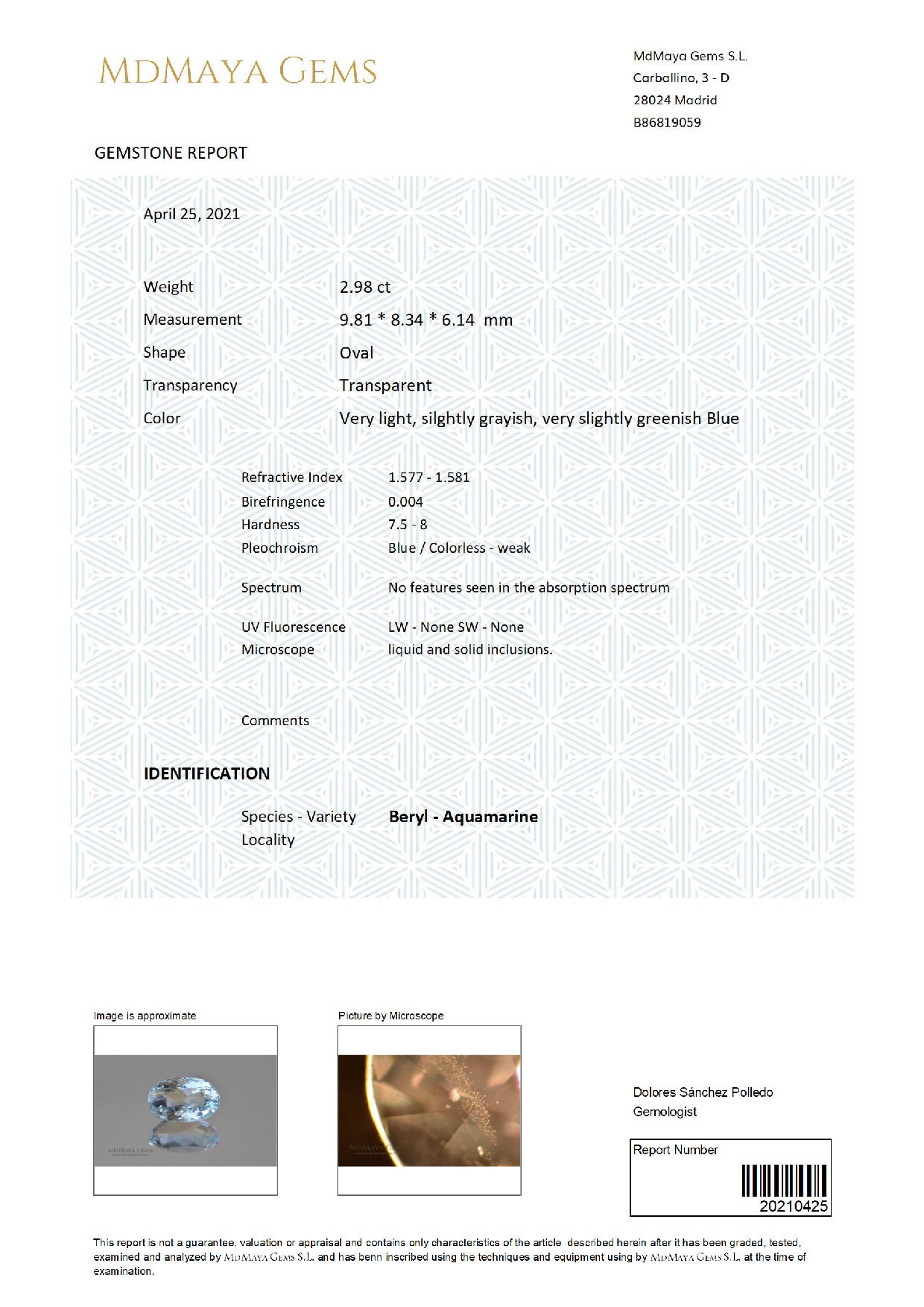 Gemstone certificate image