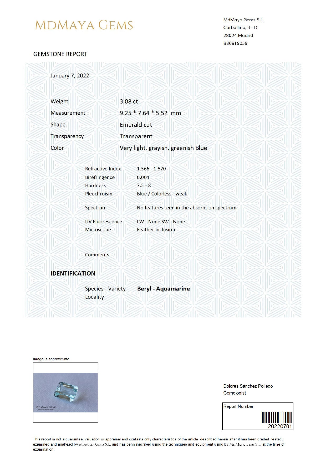 Gemstone certificate image