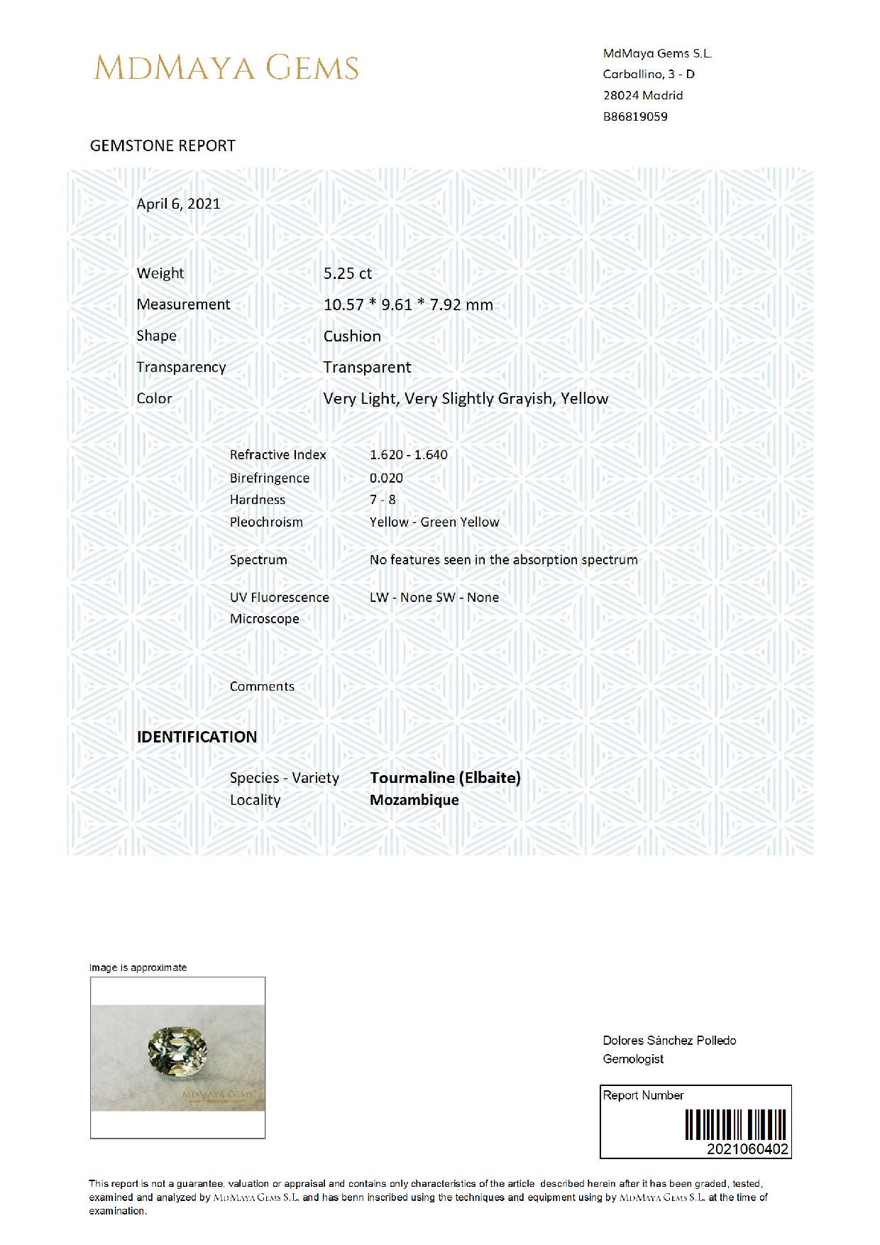 Gemstone certificate image