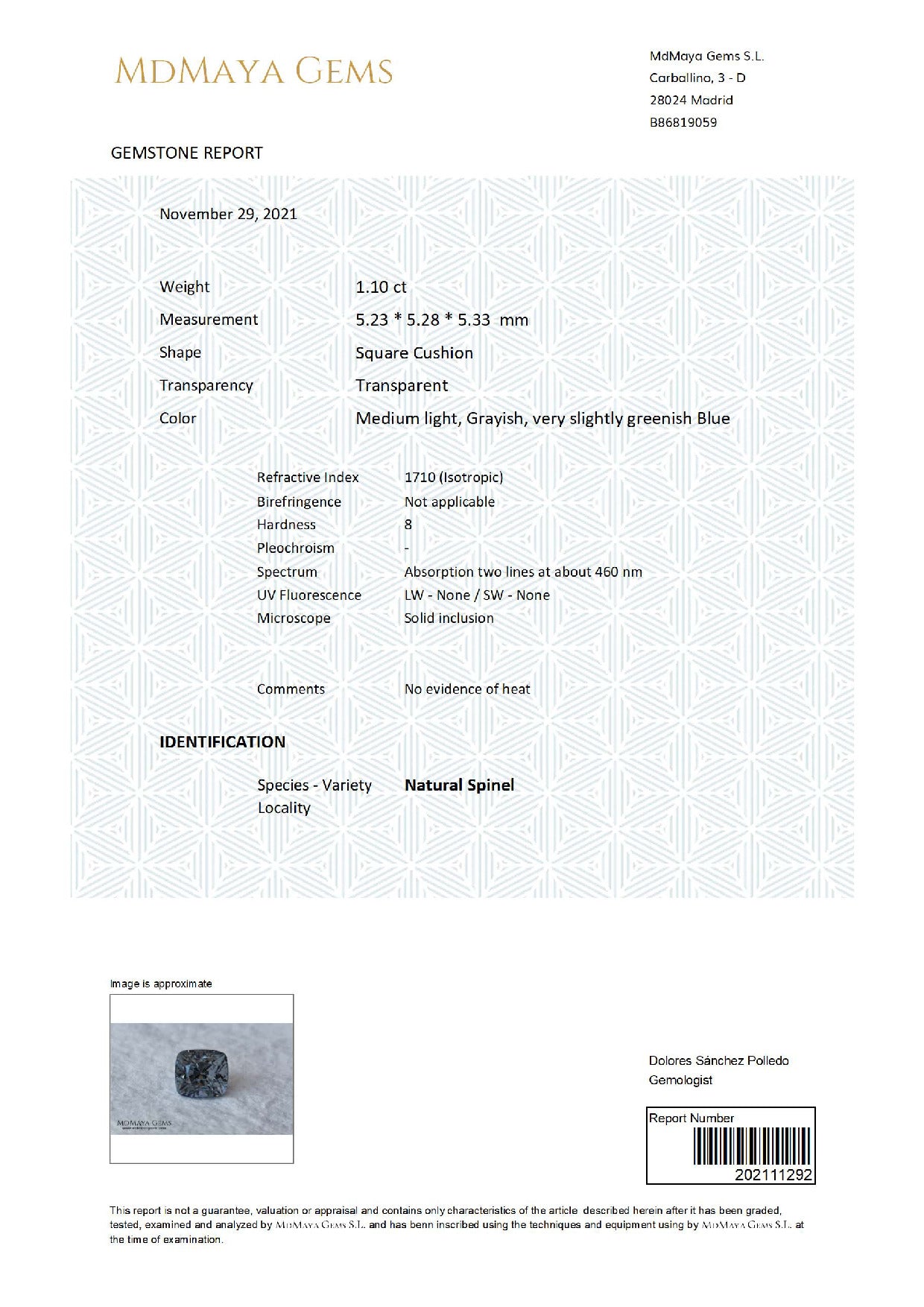 Gemstone certificate image