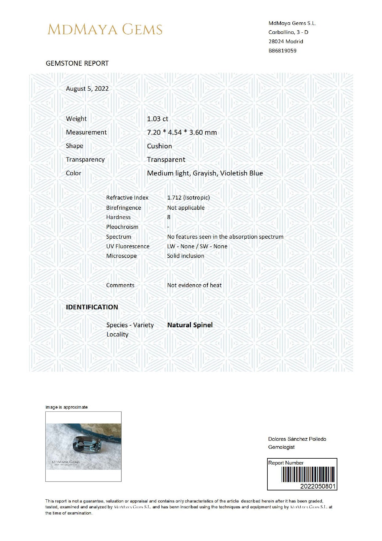 Gemstone certificate image