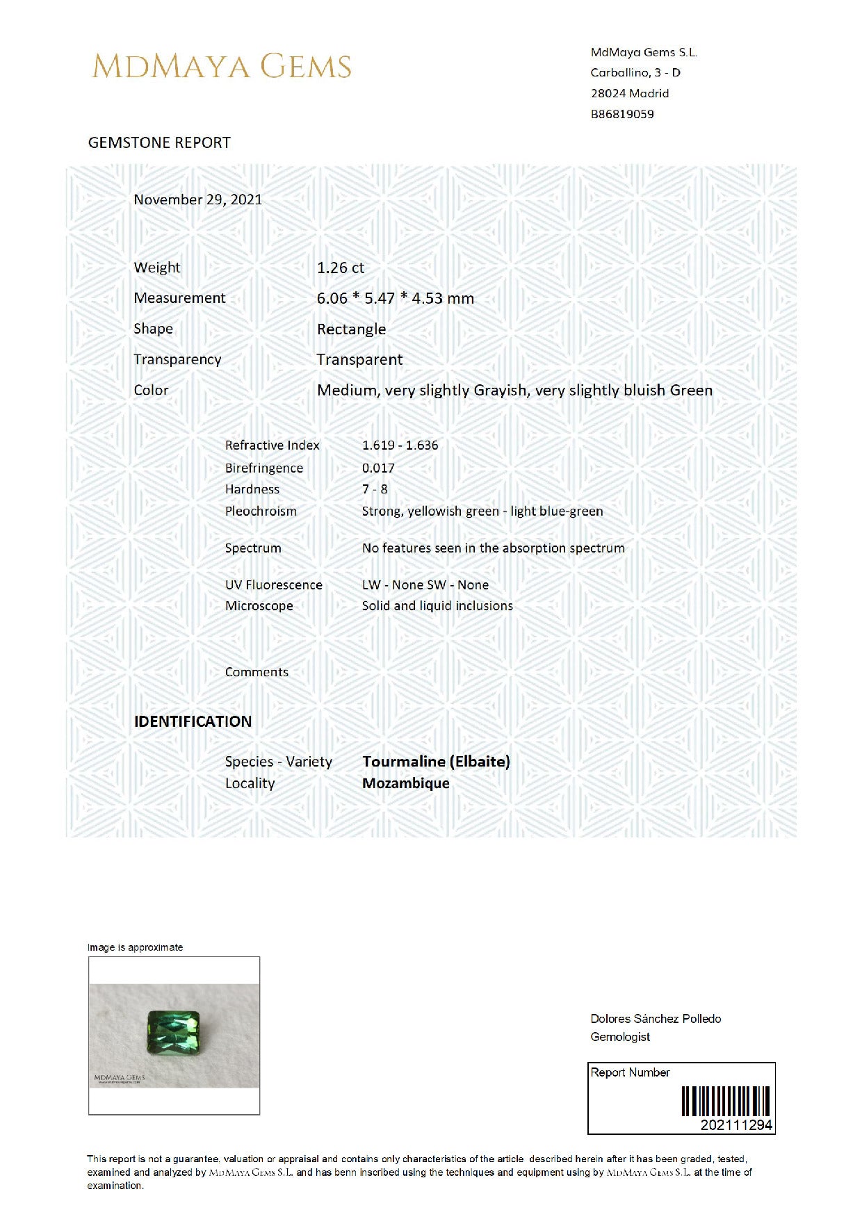 Gemstone certificate image