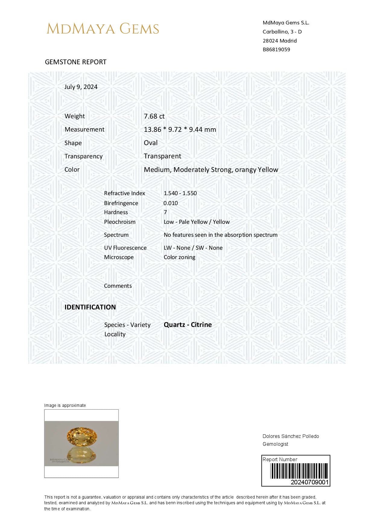 Gemstone certificate image