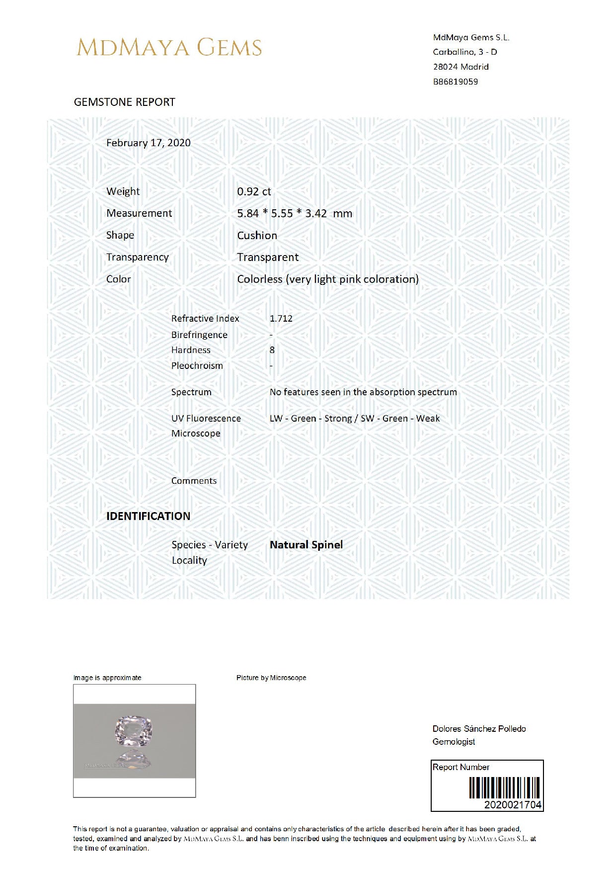 Gemstone certificate image