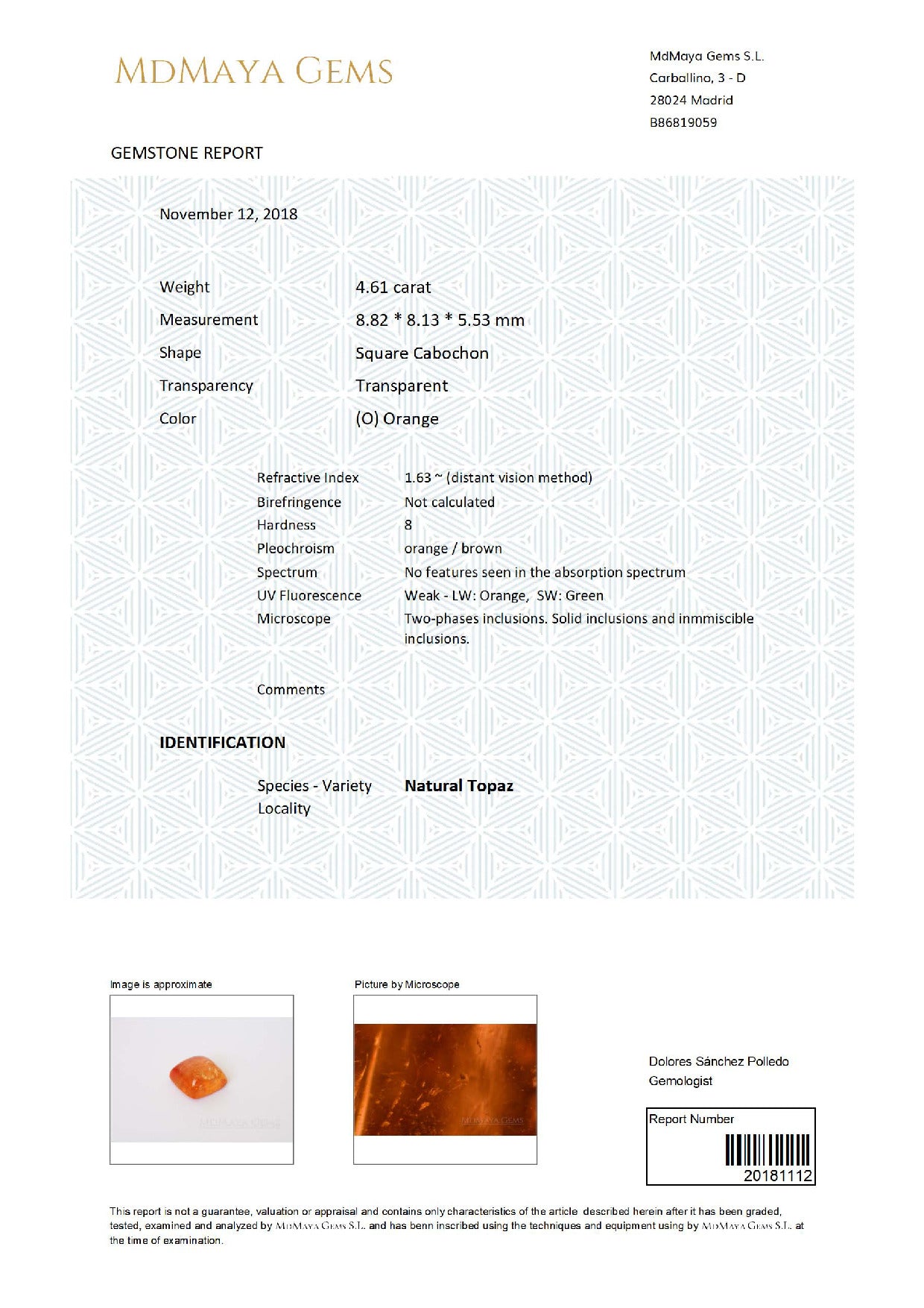 Gemstone certificate image