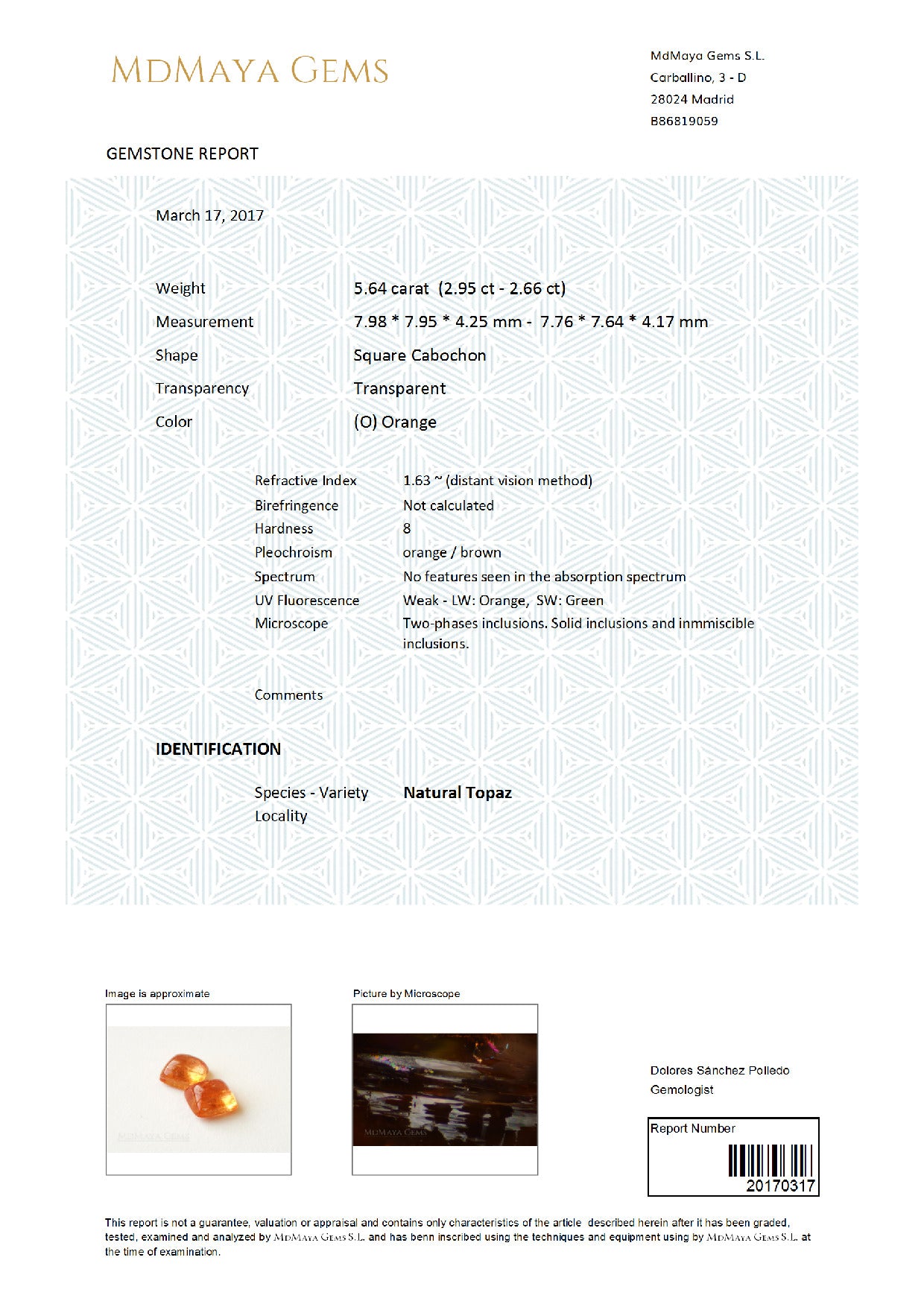 Gemstone certificate image