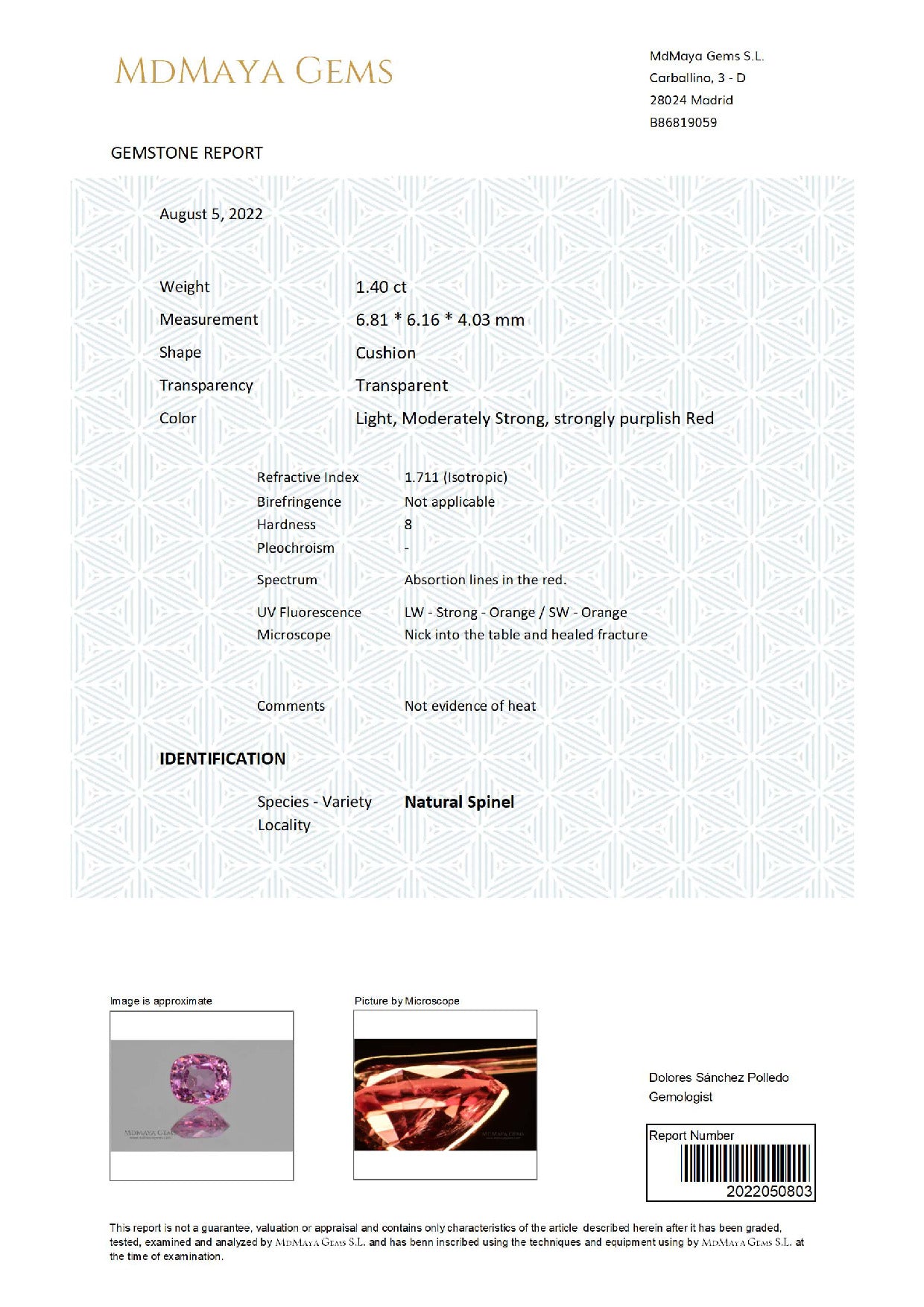 Gemstone certificate image