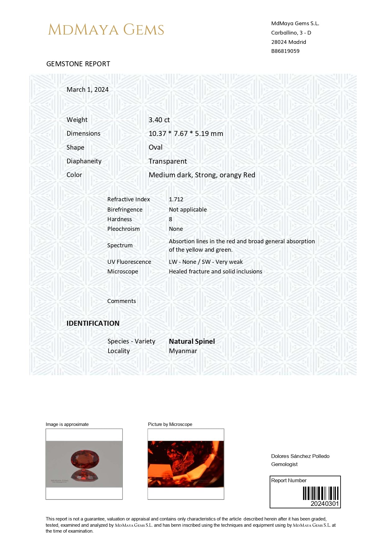 Gemstone certificate image