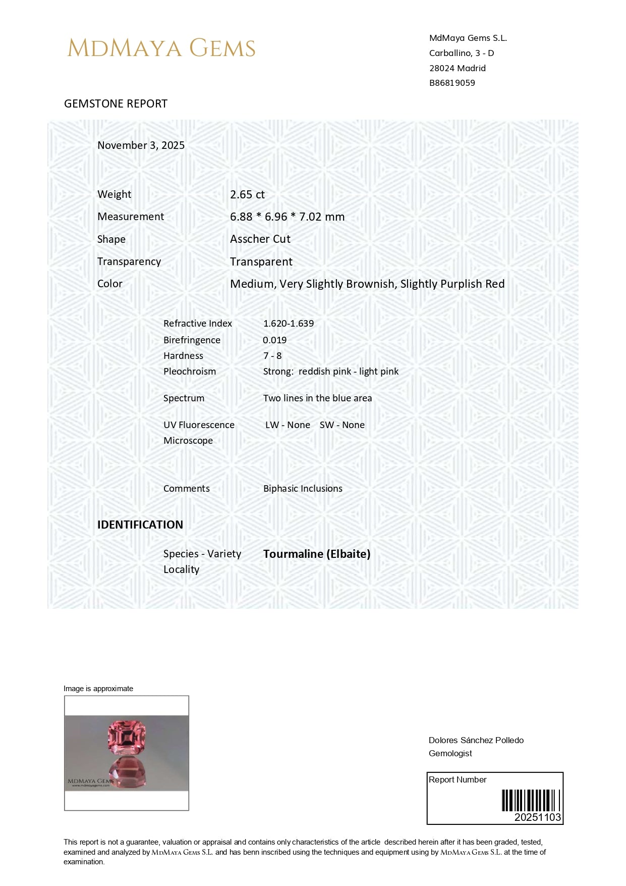 Gemstone certificate image