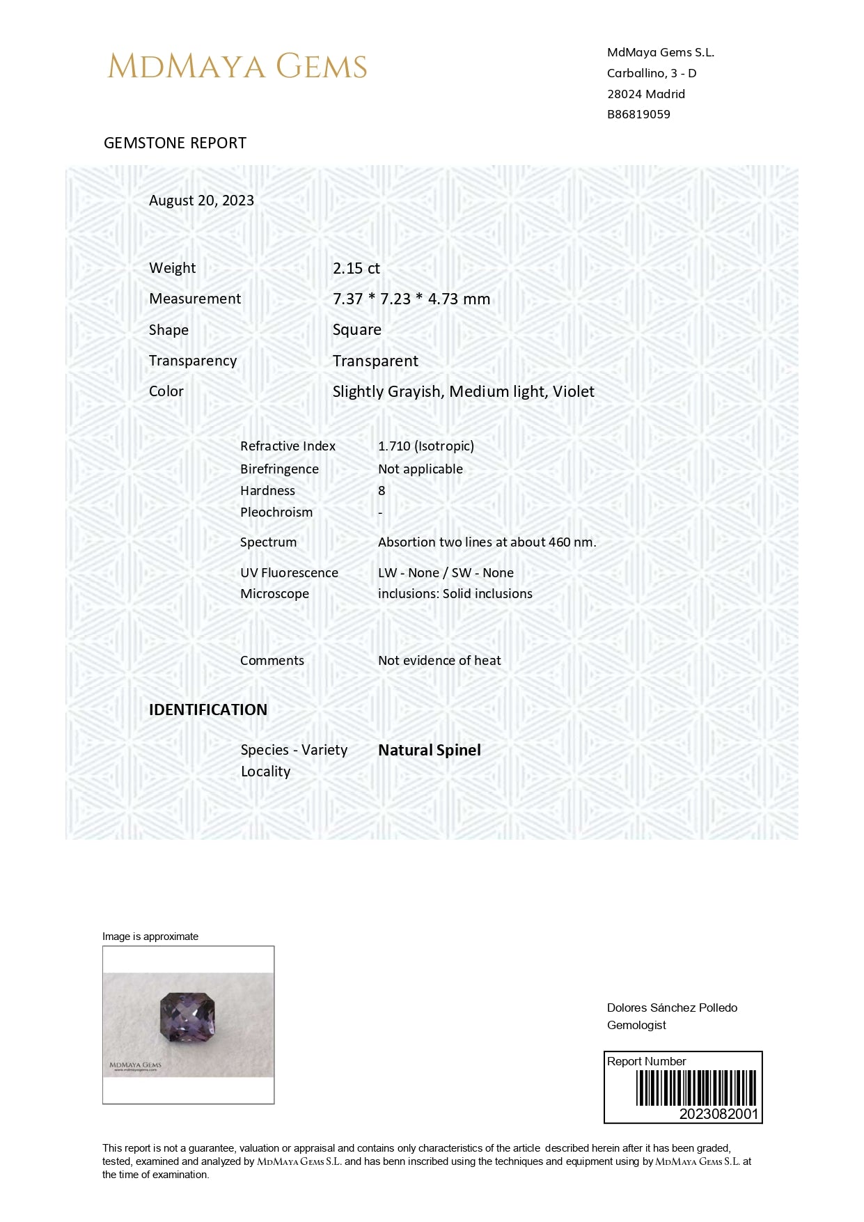 Gemstone certificate image