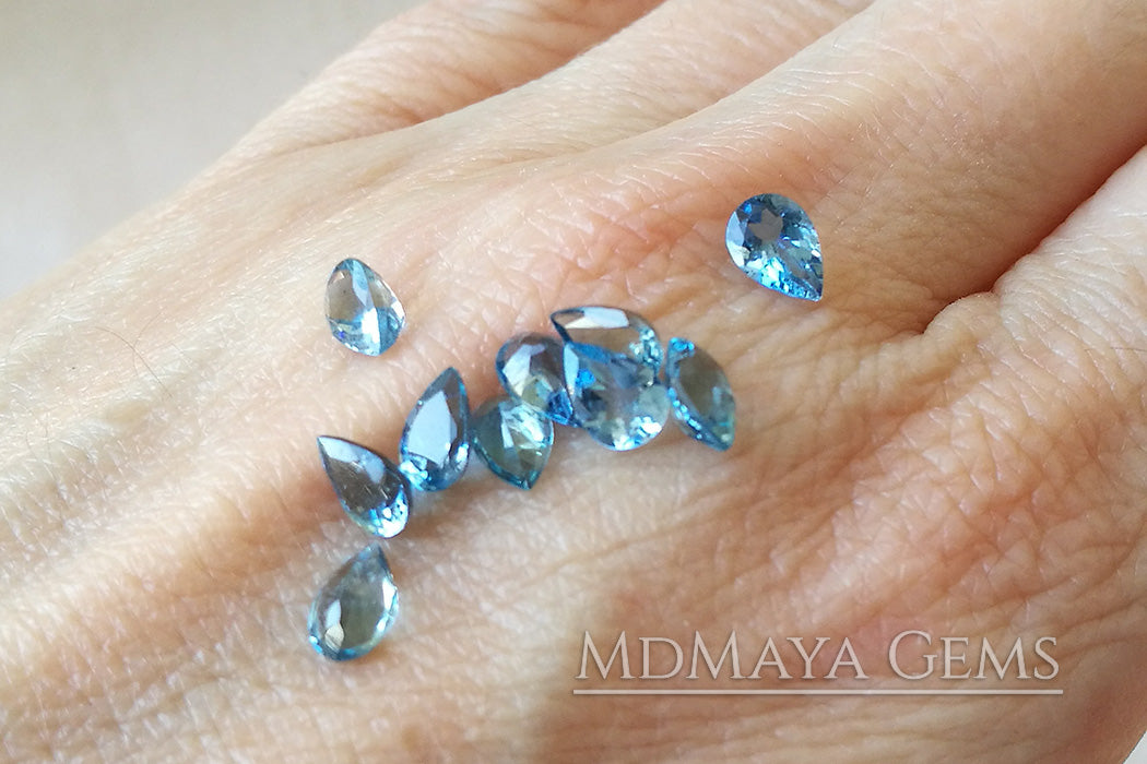 Blue Africana Aquamarine. 10 pieces. Pear cut. 3.86 ct total.