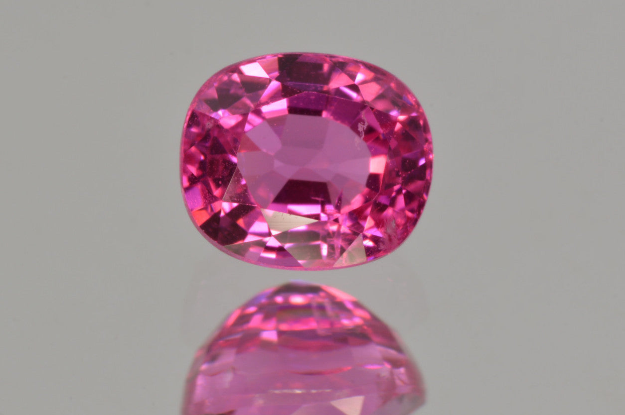Neon Vivid Candy Pink Spinel from Tanzania. Cushion Cut. MdMaya Gems