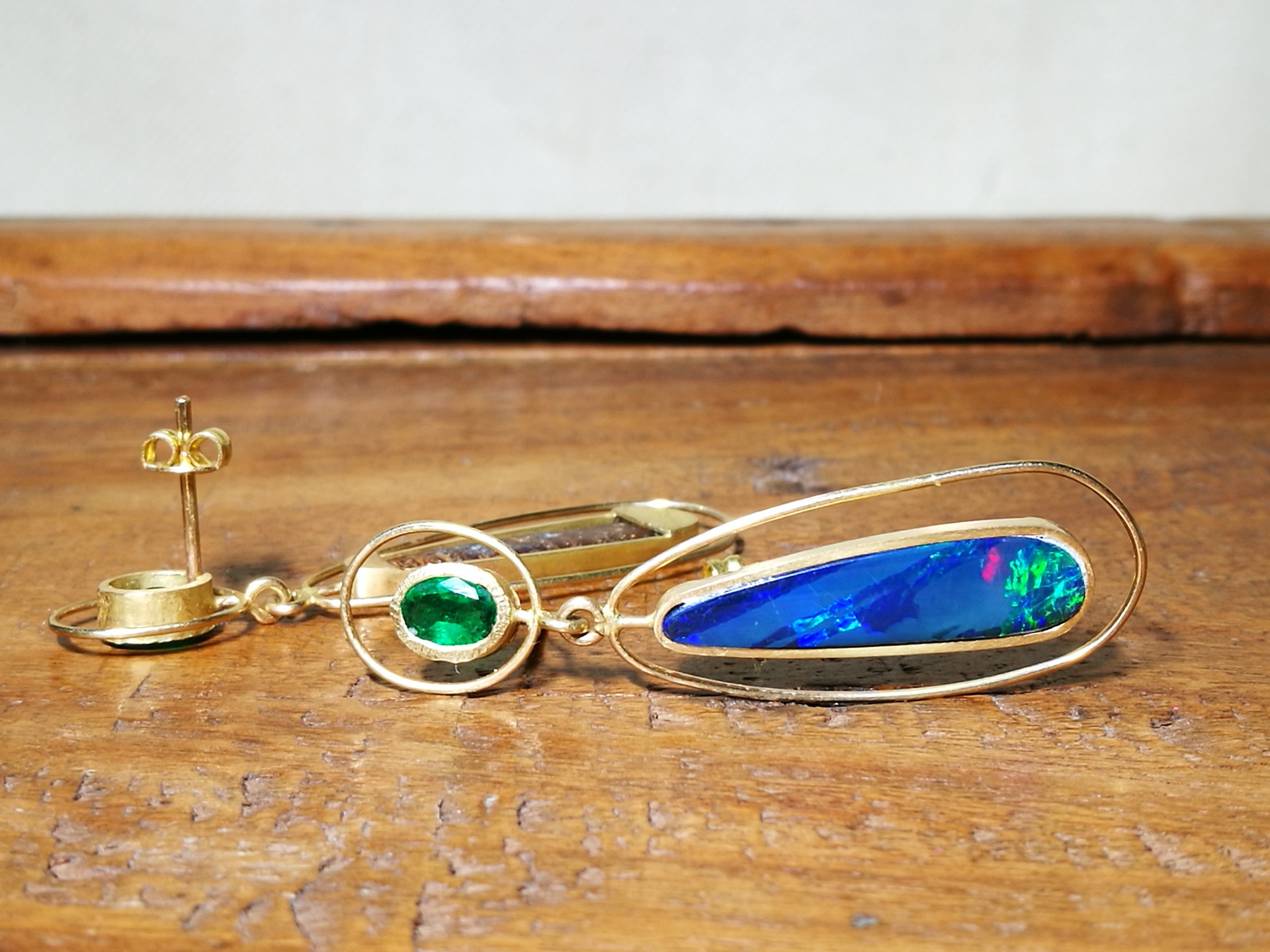 Emerald and Opal Pear Dangle Earrings in 18k Yellow Gold