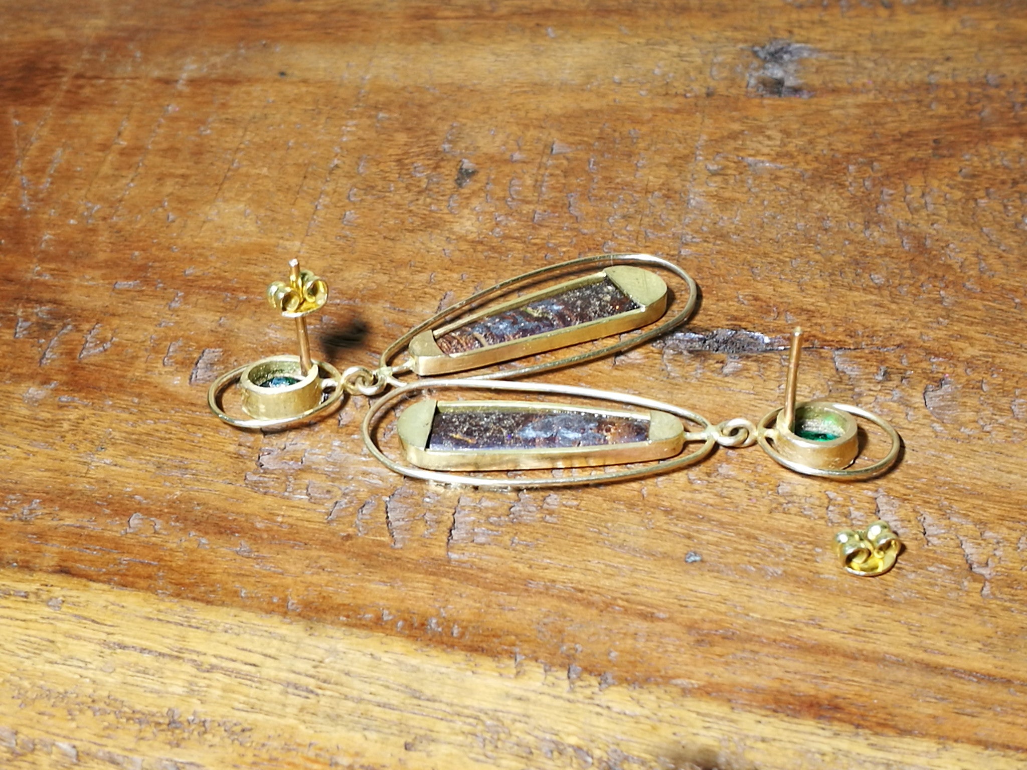 Emerald and Opal Pear Dangle Earrings in 18k Yellow Gold