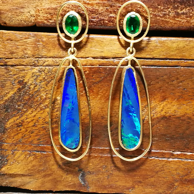 Emerald and Opal Pear Dangle Earrings in 18k Yellow Gold