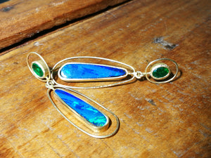 Emerald and Opal Pear Dangle Earrings in 18k Yellow Gold
