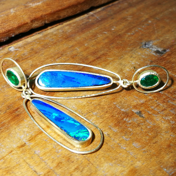 Emerald and Opal Pear Dangle Earrings in 18k Yellow Gold