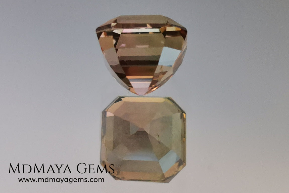 Rose Gold Bicolor tourmaline. Asscher cut 2.62 ct.  Bicolor tourmaline, whose two colors are a greenish yellow and a reddish pink. Once the light falls on the crown of the gem, these colors mix, resulting in a very elegant and saturated golden copper. Thanks to its color, its good cut quality and proportions, it will be an exceptional gem to mount on any type of jewel.