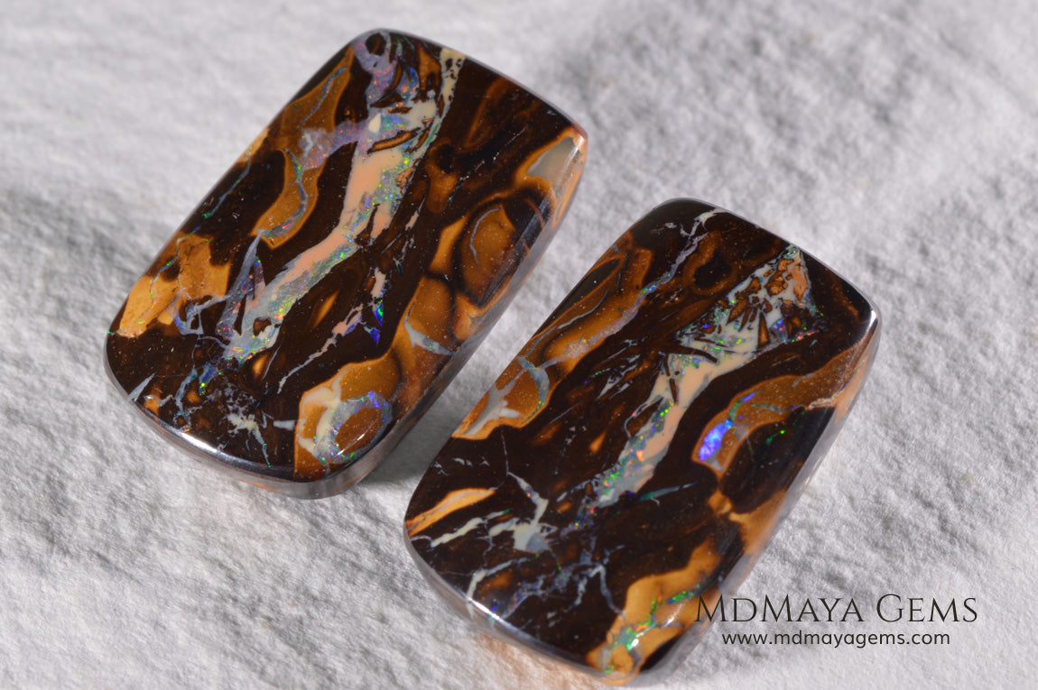 Boulder Opal Pair from Australia. Cabochon Cut. 36.57 ct total.