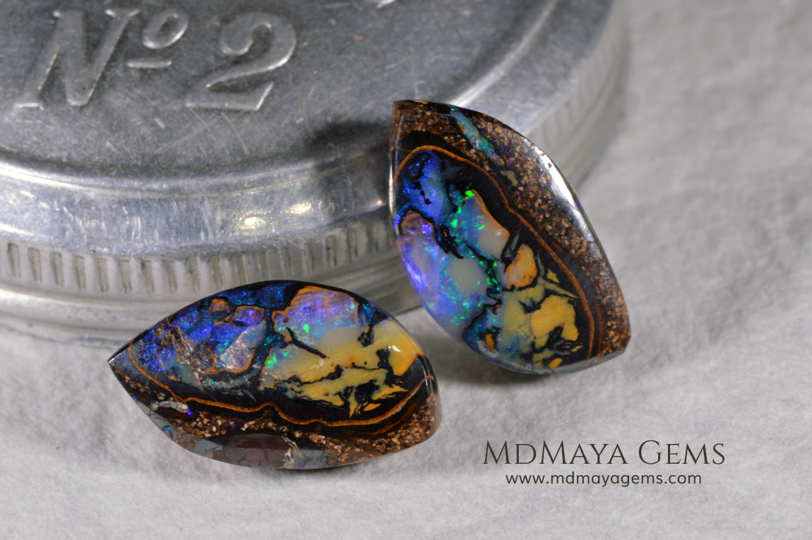  Australian Boulder Wood Fossil Opal Pair. Cabochon Oval Cut. 10.45 ct. 